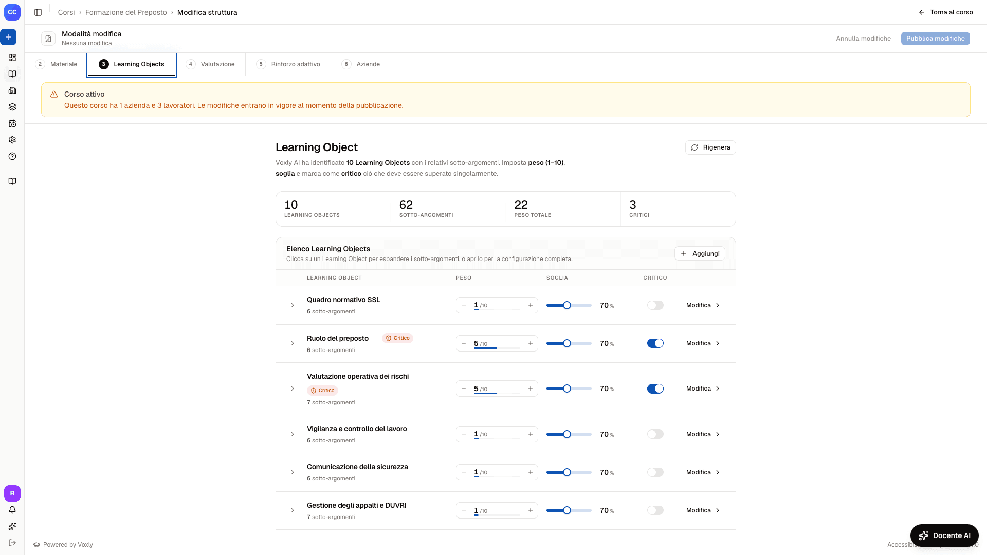 Editor dei Learning Object con peso, soglia e flag critico per ciascuna area
